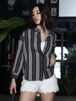 PINACOLADA - Womens Onyx Black Balanced-Stripe Dobby Oversized Shirt