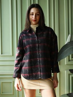 PINACOLADA - Womens Midnight Black Folk-Plaid Oversized Shirt