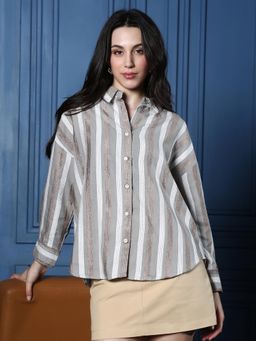 PINACOLADA - Womens Coin Grey and Ash Brown Candy-Striped Oversized Shirt