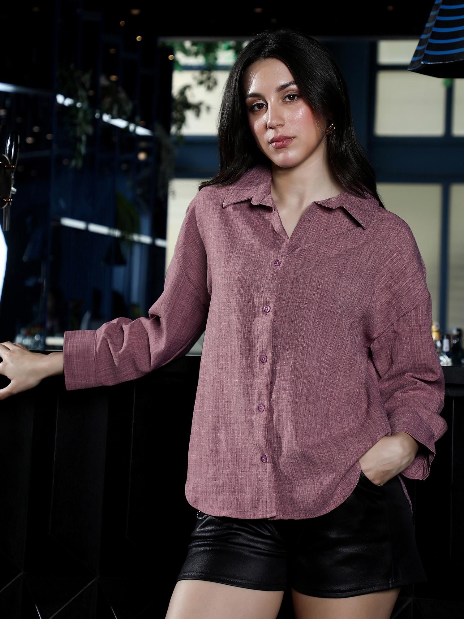pinacolada Womens Mauve Purple Solid Linen-Blend Oversized Shirt-picture-12