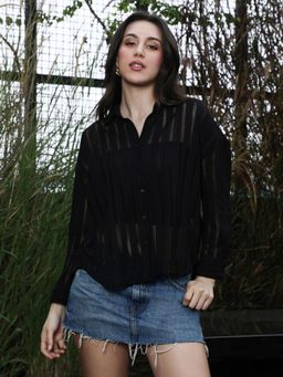 PINACOLADA - Womens Onyx Black Loose-Woven Panel Oversized Shirt