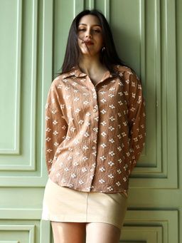 PINACOLADA - Womens Camel Brown Self Design -Tactile Oversized Shirt