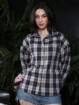 PINACOLADA - Womens Navy Blue Grdient-Tartan Oversized Shirt