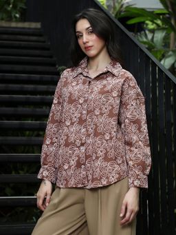 PINACOLADA - Womens Mocha Brown Floral-Lined Oversized Shirt