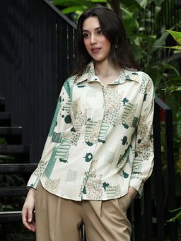 PINACOLADA - Womens Forest and Bone Beige Seersucker Oversized Shirt