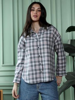 PINACOLADA - Womens Steel Grey Pin-Plaid Oversized Shirt