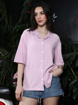 PINACOLADA - Womens Light Rose Chunky-Ribbed Oversized Shirt