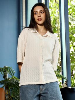 PINACOLADA - Womens Cream Rhombus-Lined Tactile Oversized Shirt