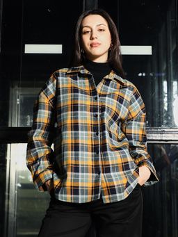 PINACOLADA - Womens Multi-Color Midnight Black Shadow-Plaid Oversized Shirt