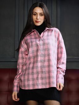PINACOLADA - Womens Rose Pink Buffalo-Check Oversized Shirt