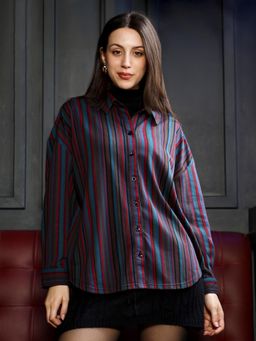 PINACOLADA - Womens Rose Red and Sky Blue Barcode-Striped Oversized Shirt