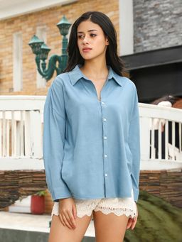 PINACOLADA - Womens Steel Blue Solid-Knit Oversized Shirt