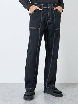 Styli - Men Black Mild Wash Panelled Loose Fit Jeans