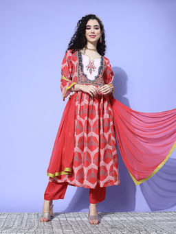 Varanga - Red Ethnic Motif Printed Anarkali Kurta with Pant & Dupatta (Set of 3)