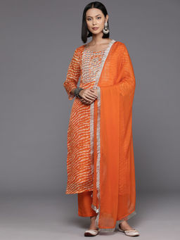 Varanga - Orange Lehariya Printed Embroidered Yoke Straight Kurta with Pant & Dupatta (Set of 3)