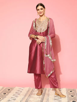 Varanga - Rust Embroidered Sleeveless Kurta with Pant & Dupatta (Set of 3)