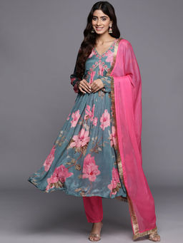 Varanga - Blue Floral Printed Pure Silk Embroidered Anarkali Kurta with Pant & Dupatta (Set of 3)