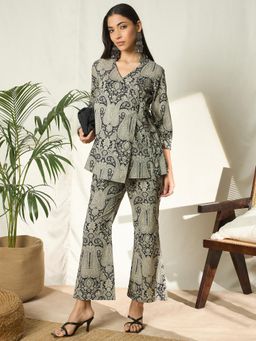 Gahan - Cotton Paisley Print with Side Tie-Up Black Co-Ord (Set of 2)