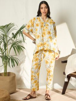 Gahan - Cotton Floral Print Yellow & White Co-Ord (Set of 2)