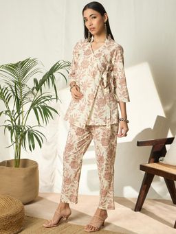 Gahan - Cotton Floral Print with Side Tie-Up Beige Co-Ord (Set of 2)