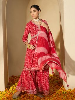Gahan - Cotton Floral Print with Gota Alia Cut Red Kurta with Sharara & Dupatta (Set of 3)