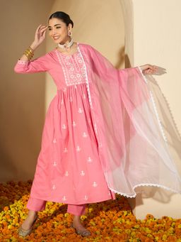 Gahan - Cotton Yoke Floral Embroidered Gathered Pink Kurta with Pant & Dupatta (Set of 3)