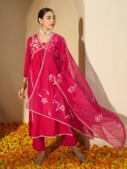Gahan - Cotton Floral Embroidered Alia Cut Pink Kurta with Pant & Dupatta (Set of 3)
