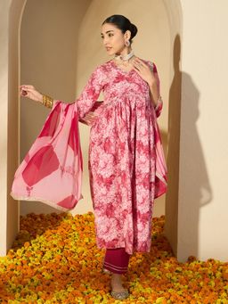 Gahan - Cotton Floral Embroidered Alia Cut Red Kurta with Pant & Dupatta (Set of 3)