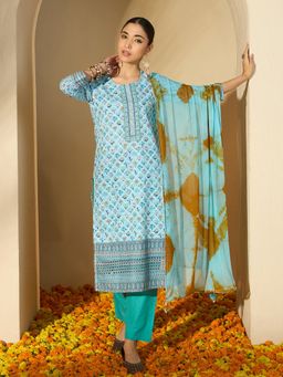 Gahan - Cotton Blend Floral with Gota Blue Kurta with Pant & Tie Dye Dupatta (Set of 3)