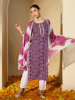 Gahan - Cotton Bandhani Gota Wine Kurta with Pant & Dupatta (Set of 3)