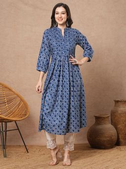 FASHOR - Blue Ethnic Floral Printed & Sequin Embroidered A-Line Pleated Kurta