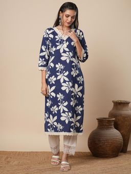 FASHOR - Blue Abstract Floral Printed Straight Fit Kurta