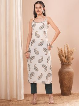 FASHOR - Off White Ethnic Printed and Embroidered Straight Fit Kurta