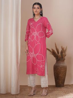 FASHOR - Pink Floral Embroidered Straight Fit Kurta