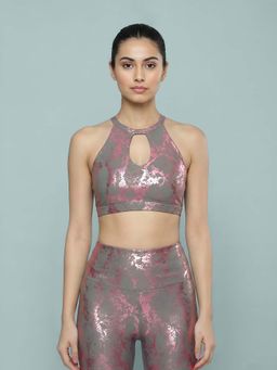 Fitkin - Luxe Snake Foil Printed High Neck - Medium Support Gym And Yoga Bra