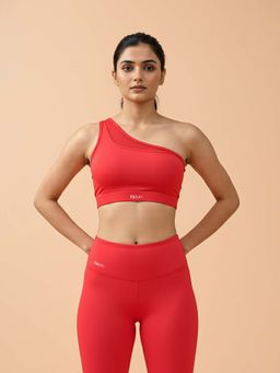Fitkin - One Shoulder Red Sports Bra With Front Net Panel