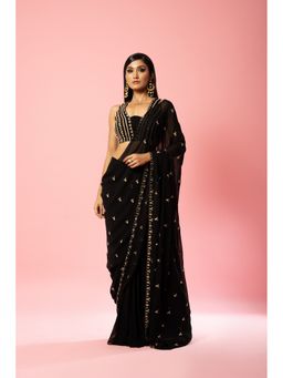 Quench A Thirst - Black Georgette Embroidered Pre-Drape Saree with Stitched Blouse