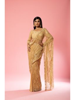 Quench A Thirst - Golden Georgette and Net Hand Embroidered Pre-Drape Saree with Stitched Blouse