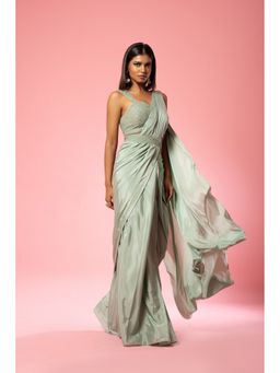 Quench A Thirst - Sage Green Crepe Hand Embroidered Pre-Drape Saree with Stitched Blouse
