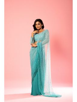 Quench A Thirst - Powder Blue Hand Embroidered Pre-Drape Saree with Stitched Blouse