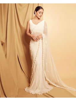 Quench A Thirst - Ivory Georgette Hand Embroidered Pre-Drape Saree with Stitched Blouse