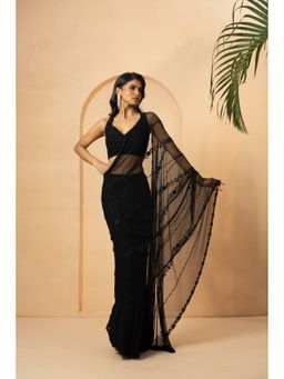 Quench A Thirst - Black Georgette Sequins Embroidered Pre-Drape Saree with Stitched Blouse