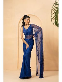 Quench A Thirst - Blue Georgette Sequins Embroidered Pre-Drape Saree with Stitched Blouse