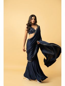 Quench A Thirst - Navy Blue Zari Hand Embroidered Pre-Drape Saree with Stitched Blouse