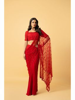 Quench A Thirst - Red Cut Dana Embroidered Pre-Drape Saree with Stitched Blouse