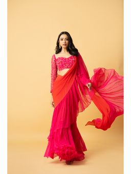 Quench A Thirst - Georgette Ruffled Pre-Drape Saree with Stitched Blouse