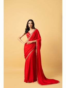 Quench A Thirst - Red Zari Hand Embroidered Pre-Drape Saree with Stitched Blouse