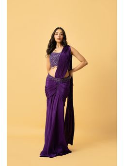 Quench A Thirst - Purple Crepe Pre-Drape Saree with Stitched Blouse