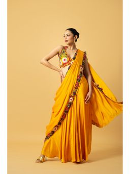 Quench A Thirst - Yellow Multi-Coloured 3D Embroidered Pre-Drape Saree with Stitched Blouse