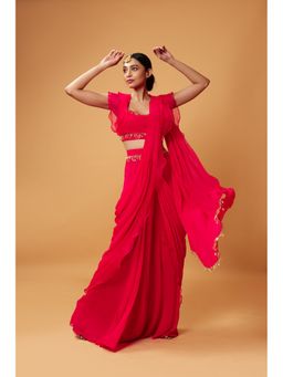 Quench A Thirst - Pink Georgette and Organza Ruffled Pre-Drape Saree with Stitched Blouse